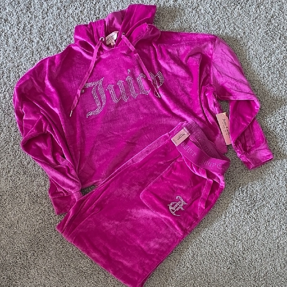 Juicy Couture Fuchsia Velour Hoodie & Joggers Set with Rhinestone Logo